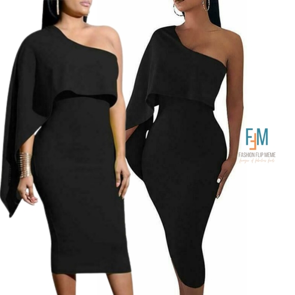 New! One-Shoulder Batwing Drape Bodycon Midi Dress, XL - Picture 1 of 11